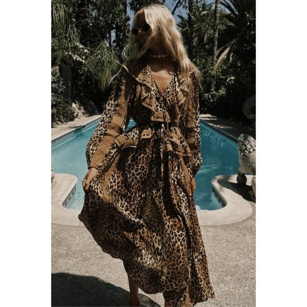 Spell Samantha Lace Gown Vintage Leopard Maxi Dress Ruffle Boho Animal Print L